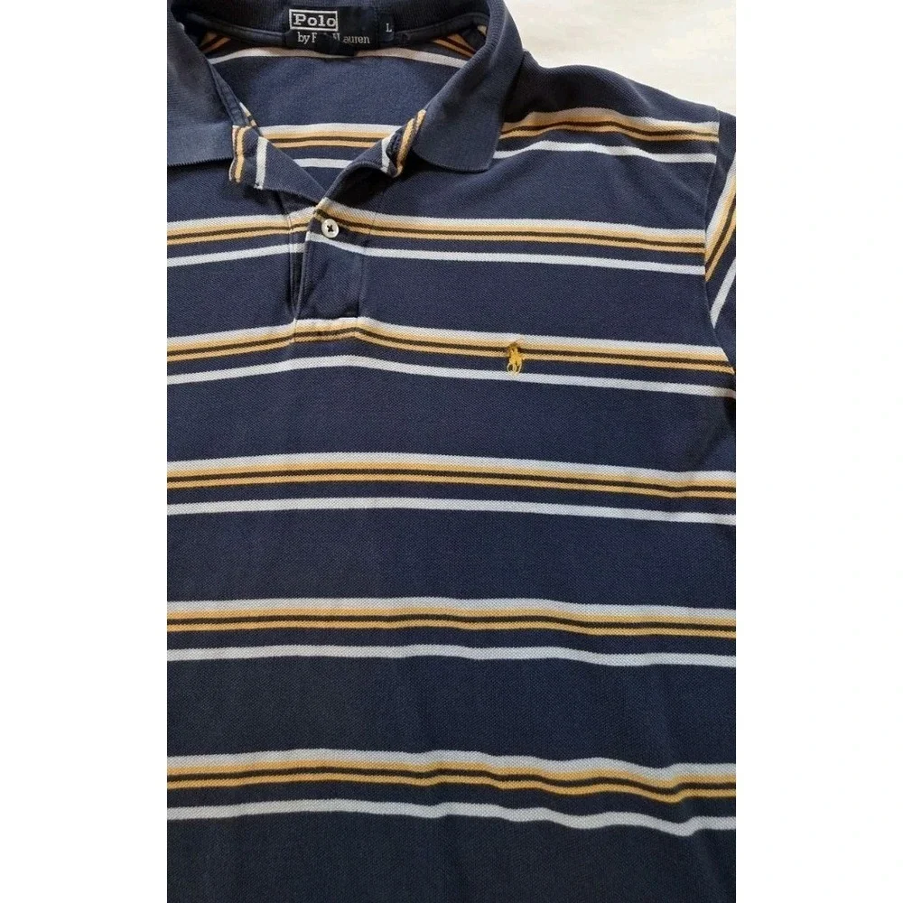 Polo Ralph‎ Lauren Polo Shirt Mens Large Navy Blue Striped Cotton Short Sleeve